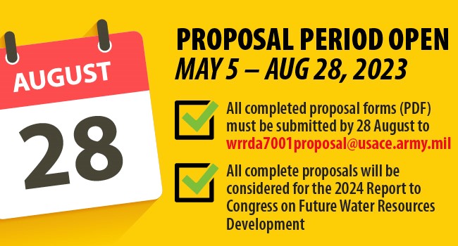 Calendar showing the Proposal period is open from May 5 - August 28, 2023. All completed proposal forms (PDF) must be submitted to wrrda7001proposal@usace.army.mil.